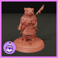 Unpainted salmon-pink resin miniature of an Otterfolk Ranger — a bipedal otter character in padded armour with a rope scarf, carrying a spear over one shoulder and a hand crossbow across the chest, standing on a detailed round base with stones and grass tufts. Sculpted by Ella's Arcanum Minis, 32mm scale.