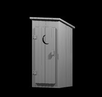 Digital render of a 32mm scale resin outhouse scatter terrain piece, shown unpainted in grey. The timber-planked structure features a lean-to roof with stone tile edging, a door with two square strap hinges, a wooden latch handle, and a crescent moon cutout — viewed from a three-quarter front angle.