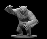 Grey resin digital render of the MM2025 Owlbear miniature — a large owl-bear hybrid creature in a crouching, forward-lunging pose with one taloned arm raised and claws extended, feathered chest and facial disc detailed, muscular bear-like limbs, mounted on a round base, 32mm scale