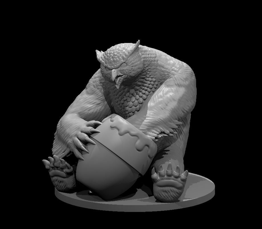 Grey resin digital render of an owlbear miniature crouched over a dripping honey pot, clawed hands gripping the vessel, scaled and feathered head bowed, set on a round base — 32mm scale D&D miniature by MZ4250