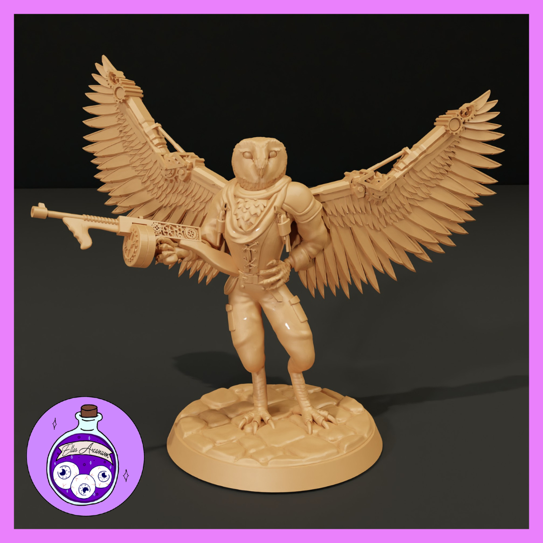 Digital render of an unpainted owlfolk artillerist miniature at 32mm scale. The figure stands on a rocky base with wings fully spread, revealing mechanical crossbow mounts along the wing edges. She holds an ornate filigree-engraved rifle at waist height. She wears a corset-style armour top, cargo trousers, and a flowing neckerchief, with a barn owl head and taloned feet. The Ella's Arcanum Minis logo is visible in the lower left corner.