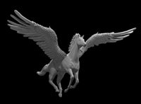 A Pegasus miniature by MZ4250 captured mid-gallop, all four legs extended, wings spread wide showing layered feathers and sharp quill tips. Flowing mane and tail, muscular body.
