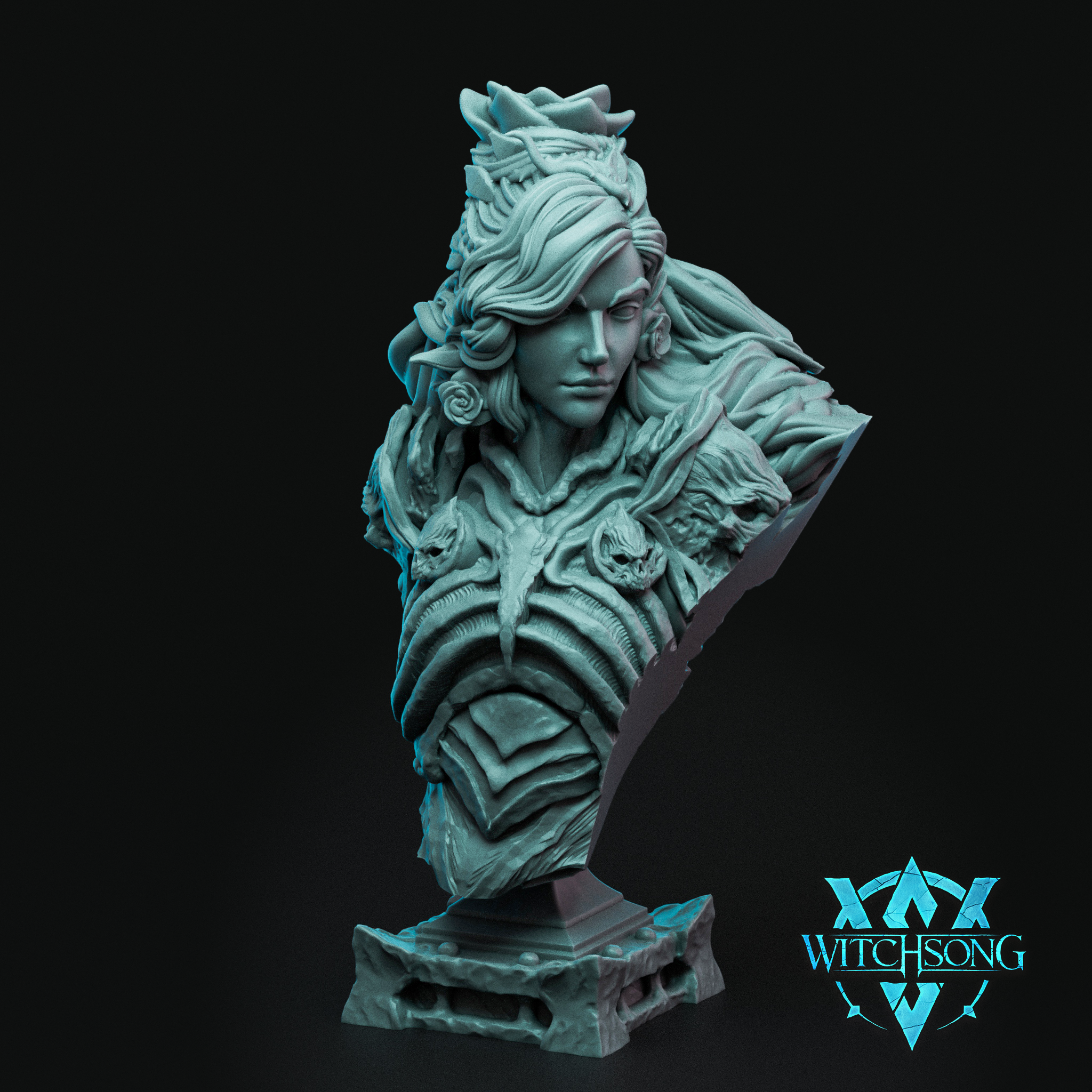 Digital render of the Persephone No Helmet display bust by Witchsong Miniatures — an unpainted teal resin sculpt showing a woman with flowing hair, a crown of roses, skull-adorned layered chest armour, and a composed expression, mounted on a textured stone plinth base