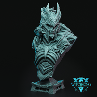 Digital render of the Persephone With Helmet bust by Witchsong Miniatures, shown unpainted in teal-grey resin. The large display bust features a gaunt female figure wearing a tall horned helmet, hollow sunken facial features suggesting undeath, rose detail on the right shoulder, and skulls worked into layered chest armour. The bust sits on an integrated stonework plinth base. Watermarked with the Witchsong Miniatures logo.