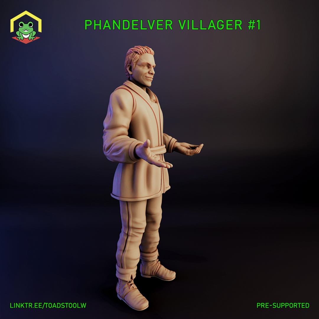 Digital render of Phandelver Villager #1 miniature — a male human figure in practical frontier clothing, arms spread with palms open and a sly smile, shown unpainted in a warm resin tone at 32mm scale