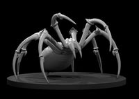 Giant spider sculpt by MZ4250 — bulbous abdomen, eight long curved tapering legs, prominent chelicerae, posed low and spread wide on a flat round base.
