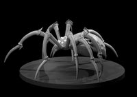 Large spider sculpt with eight long segmented legs splayed wide, hooked tips, open fanged chelicerae, and a smooth bulbous abdomen. Sculpt by MZ4250.