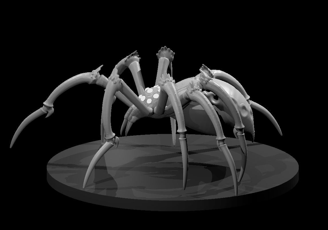 Large spider sculpt with eight long segmented legs splayed wide, hooked tips, open fanged chelicerae, and a smooth bulbous abdomen. Sculpt by MZ4250.