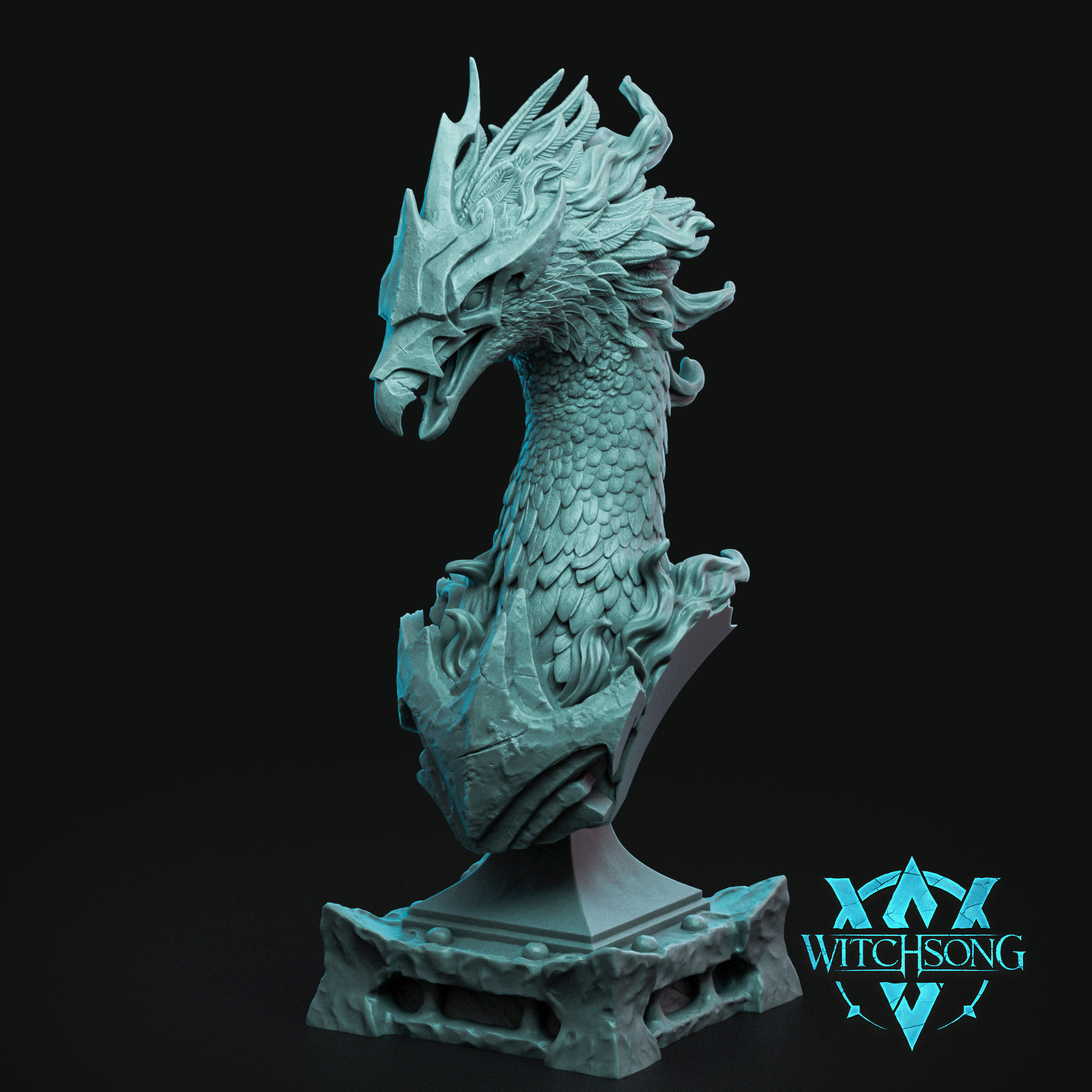 Phoenix bust sculpt by Witchsong Miniatures — neck arched, beak open, swept horns and layered feather-scale detailing, mounted on a tiered decorative stone plinth.