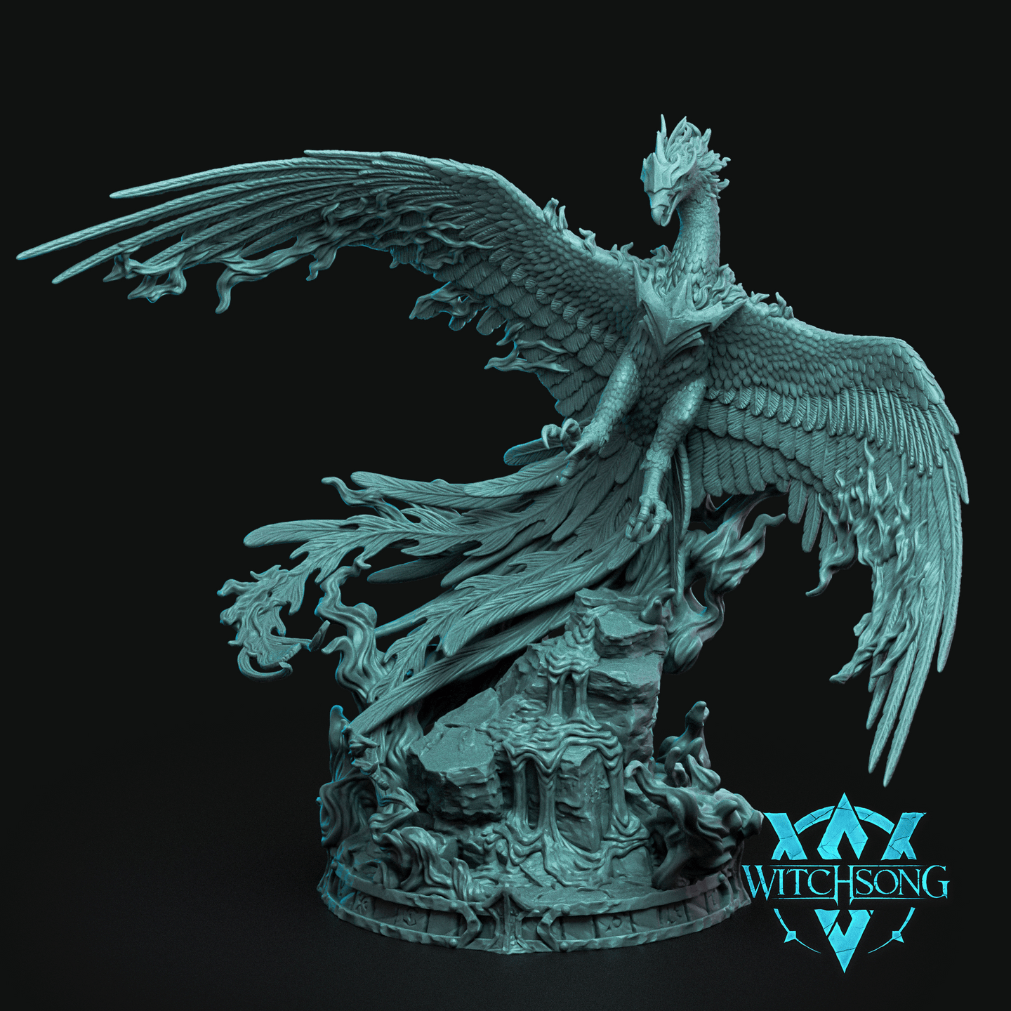 Phoenix miniature with wings fully outstretched, long neck raised, tail feathers dissolving into flame trails, perched on a runic stone and root-draped base. Sculpt by Witchsong Miniatures.