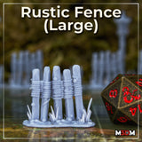 Unpainted grey resin print of the large rustic fence terrain piece by Mia Kay M3DM — five rough-hewn wooden stakes bound with double rows of rope, with grass tufts at the base, shown next to a D20 die for scale on a tabletop gaming mat