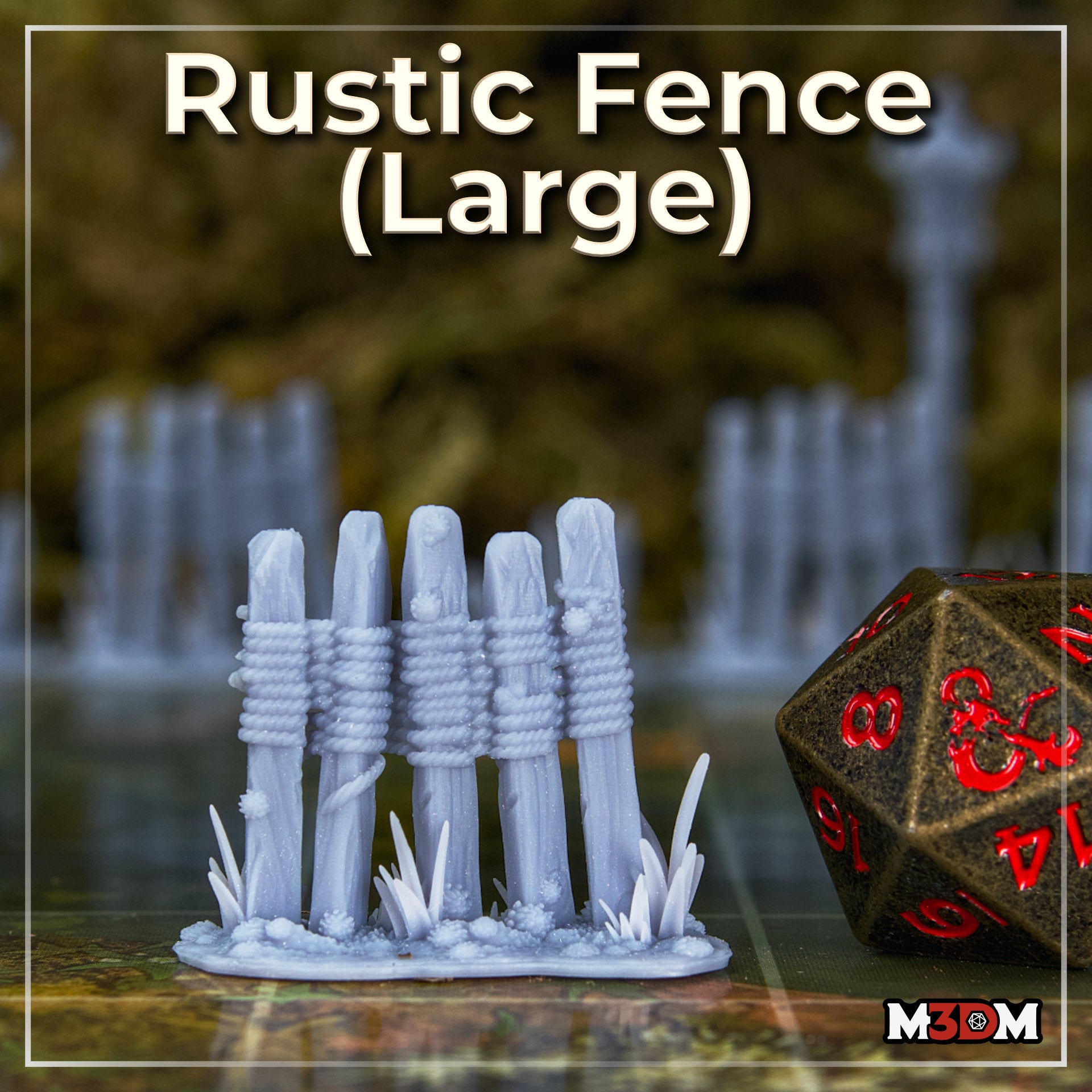 Unpainted grey resin print of the large rustic fence terrain piece by Mia Kay M3DM — five rough-hewn wooden stakes bound with double rows of rope, with grass tufts at the base, shown next to a D20 die for scale on a tabletop gaming mat