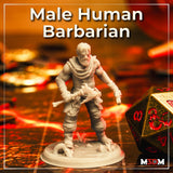 Photograph of a printed unpainted grey resin male human barbarian miniature on a tabletop gaming mat beside a large gold and red d20 die, showing the full sculpt with cloth-wrapped body, bone club, and detailed scenic desert base
