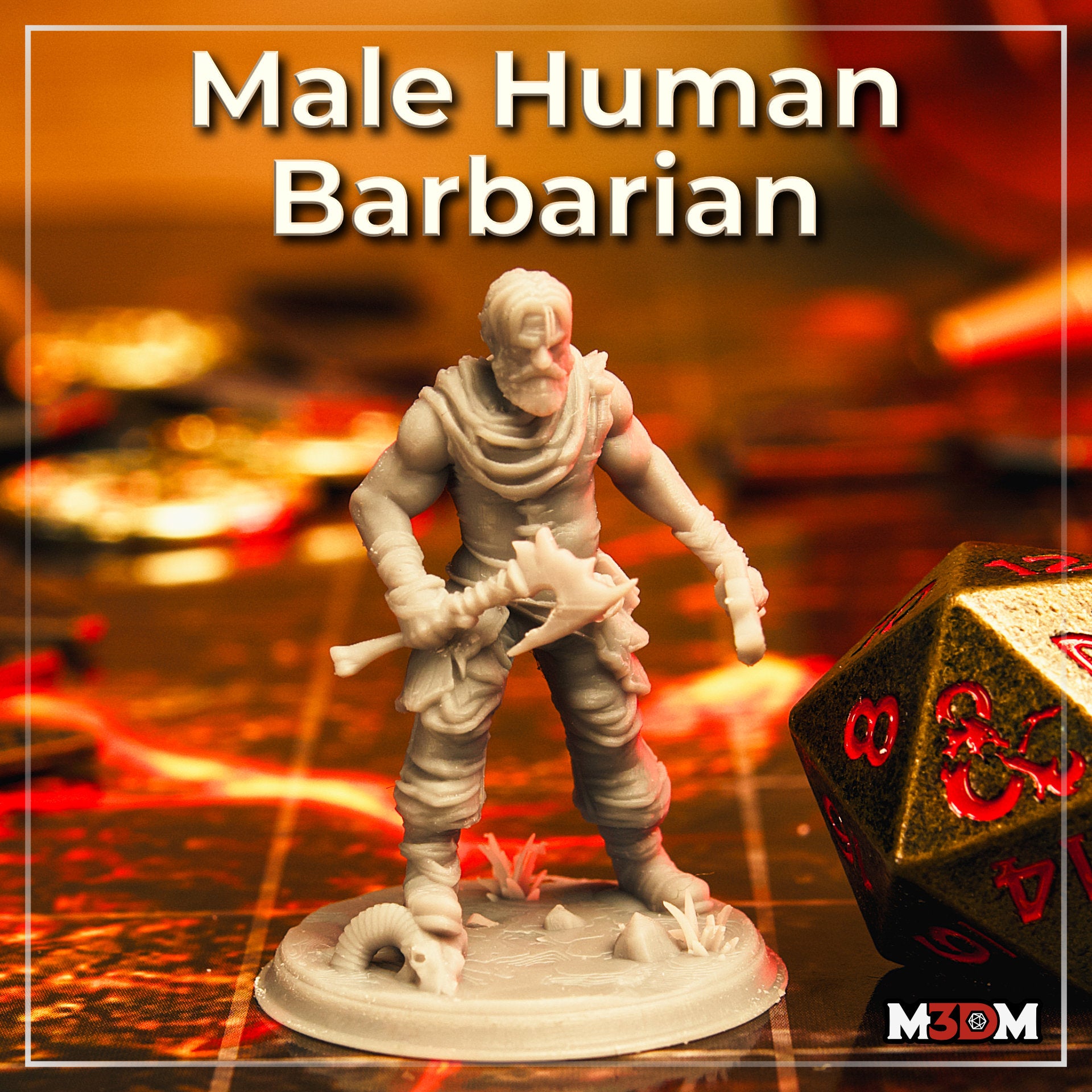 Photograph of a printed unpainted grey resin male human barbarian miniature on a tabletop gaming mat beside a large gold and red d20 die, showing the full sculpt with cloth-wrapped body, bone club, and detailed scenic desert base