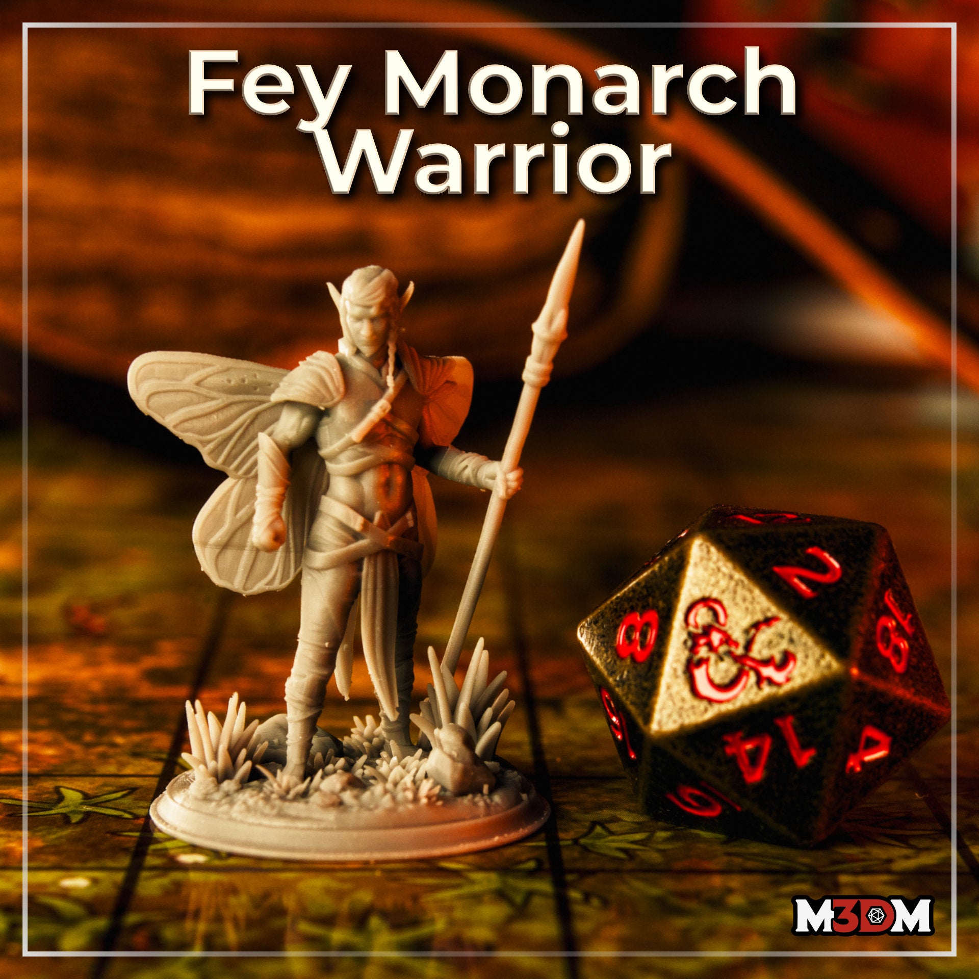 Photograph of the printed Fey Monarch Warrior miniature in unpainted grey resin, standing on a tabletop map alongside a large D20 dice. The winged fey warrior holds a spear and stands on a sculpted crystal and stone base, showing the print quality and scale of the finished miniature.