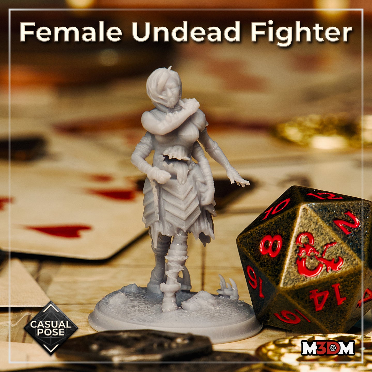 Unpainted grey resin print of the undead female fighter casual pose miniature on a tabletop gaming surface surrounded by playing cards and a D20 die, showing detail of scale armour, chain, and scenic base with broken claws at 32mm scale