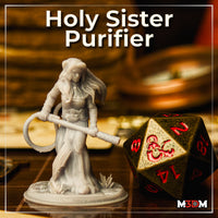 Unpainted grey resin Holy Sister Purifier miniature by Mia Kay M3DM photographed on a gaming table alongside a large D&D d20 die, showing the full figure in robes with staff and whip detail at 32mm scale