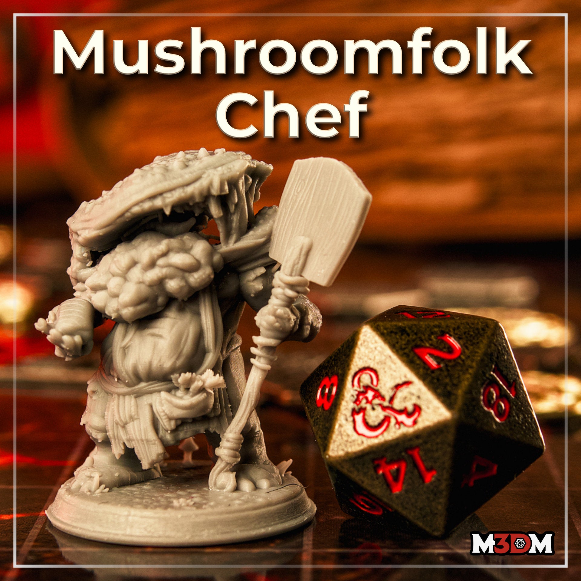 Unpainted grey resin Myconid Chef miniature photographed next to a D&D d20 die, showing the sculpt's detailed mushroom-cap hat, wooden paddle, and organic textures at 32mm scale