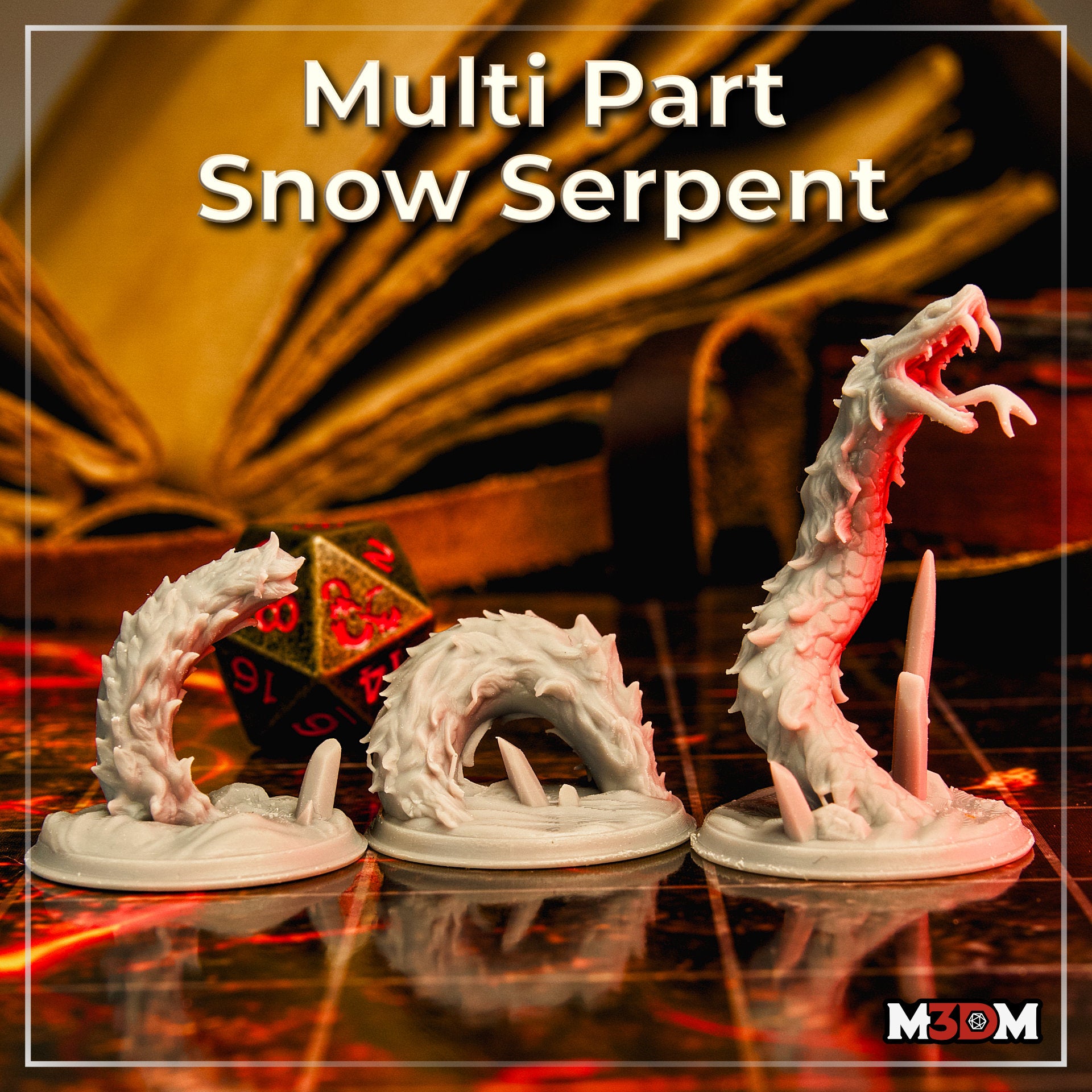 Photograph of three unpainted white resin Snow Serpent miniature segments on a reflective surface with dice and an open book in the background — left piece shows a curved head striking pose, centre shows the arching mid-body section, right shows the tallest rearing strike pose with wide-open fanged jaws
