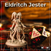 Photograph of a printed unpainted Eldritch Jester miniature in grey resin, shown on a D&D game mat beside a large black and red d20. The jester figure displays her triple-horned cowl, flowing skirt, and tentacled base clearly at 32mm scale.