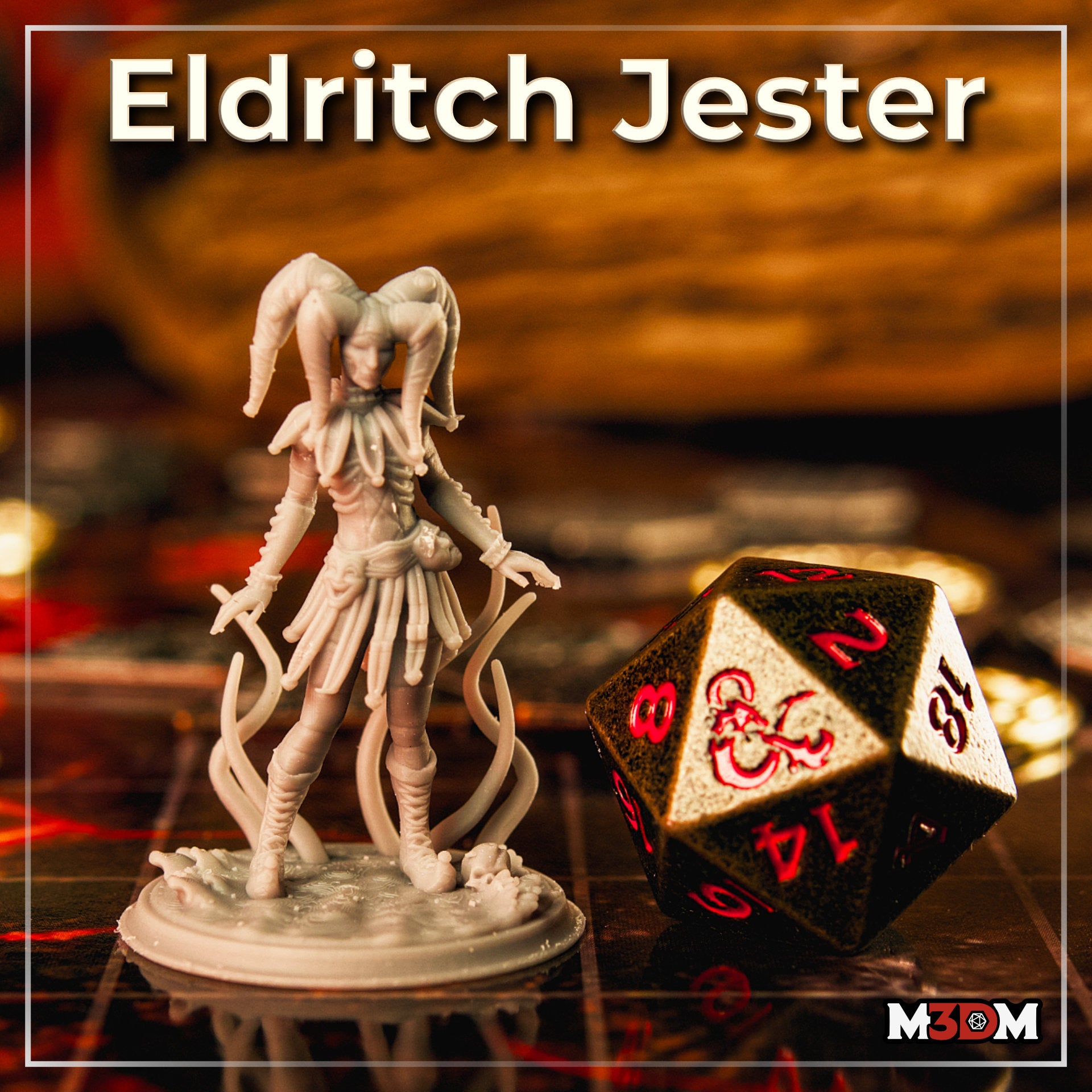 Photograph of a printed unpainted Eldritch Jester miniature in grey resin, shown on a D&D game mat beside a large black and red d20. The jester figure displays her triple-horned cowl, flowing skirt, and tentacled base clearly at 32mm scale.
