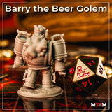 Photograph of the printed Barry the Beer Golem miniature in unpainted grey resin, posed on a tabletop gaming surface next to a large D20 die, showing the barrel-armoured construct's wide stance, wooden texture detail, and oversized fists