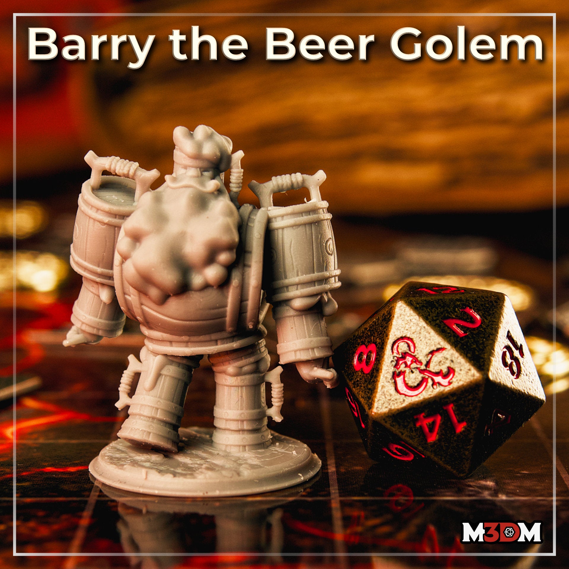 Photograph of the printed Barry the Beer Golem miniature in unpainted grey resin, posed on a tabletop gaming surface next to a large D20 die, showing the barrel-armoured construct's wide stance, wooden texture detail, and oversized fists