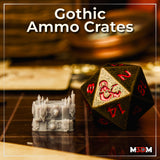 Printed unpainted resin Gothic Ammo Crate scatter terrain piece photographed on a gaming table next to a large d20 die for scale reference, showing crisp detail including skulls, candles, and layered ironwork