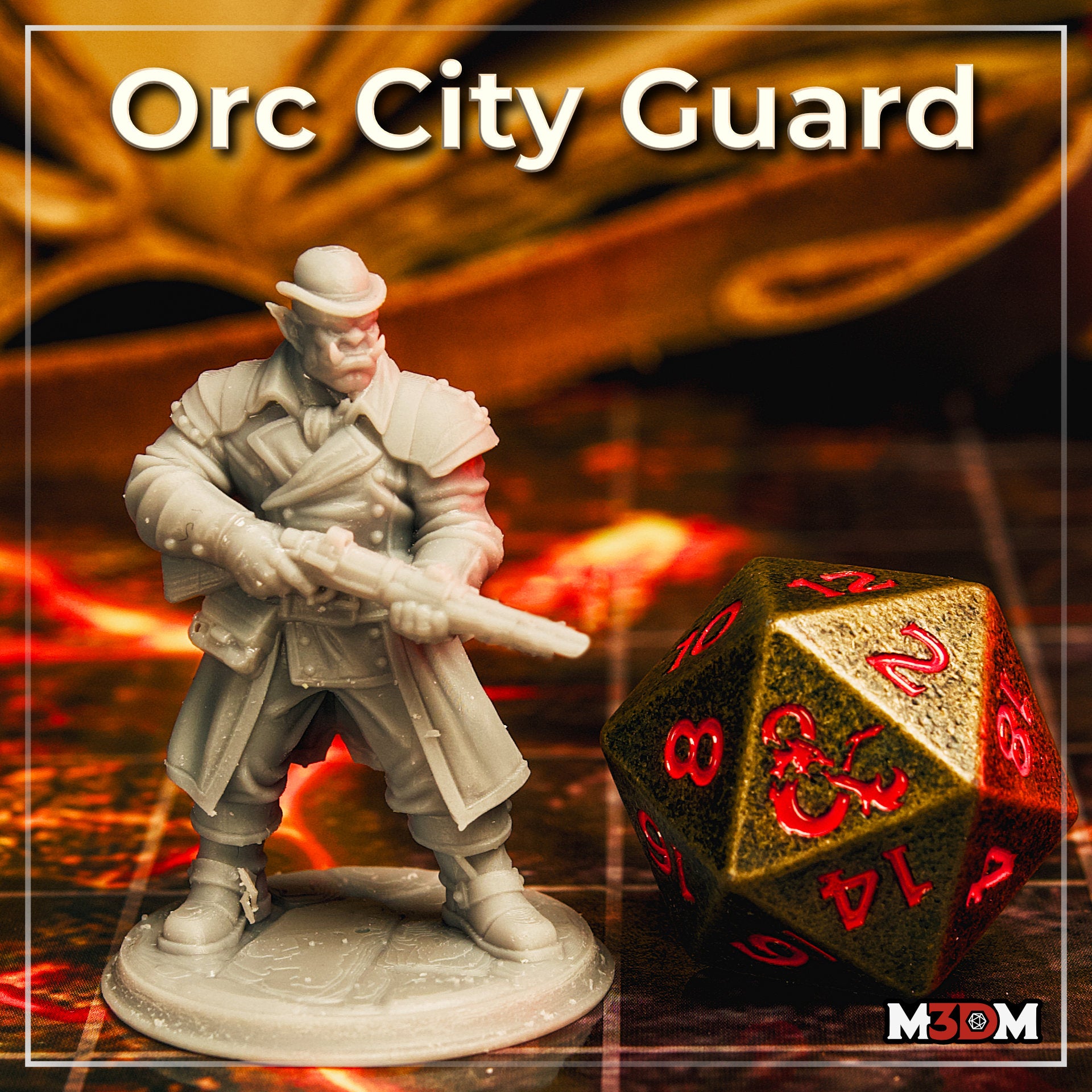 Photograph of a printed and unpainted grey resin orc city guard miniature beside a large gold and red d20 die for scale. The orc stands in a wide, ready stance holding a blunderbuss across his chest, wearing a bowler hat and long trenchcoat. Fine surface detail visible across the coat, armour plates, and facial expression.