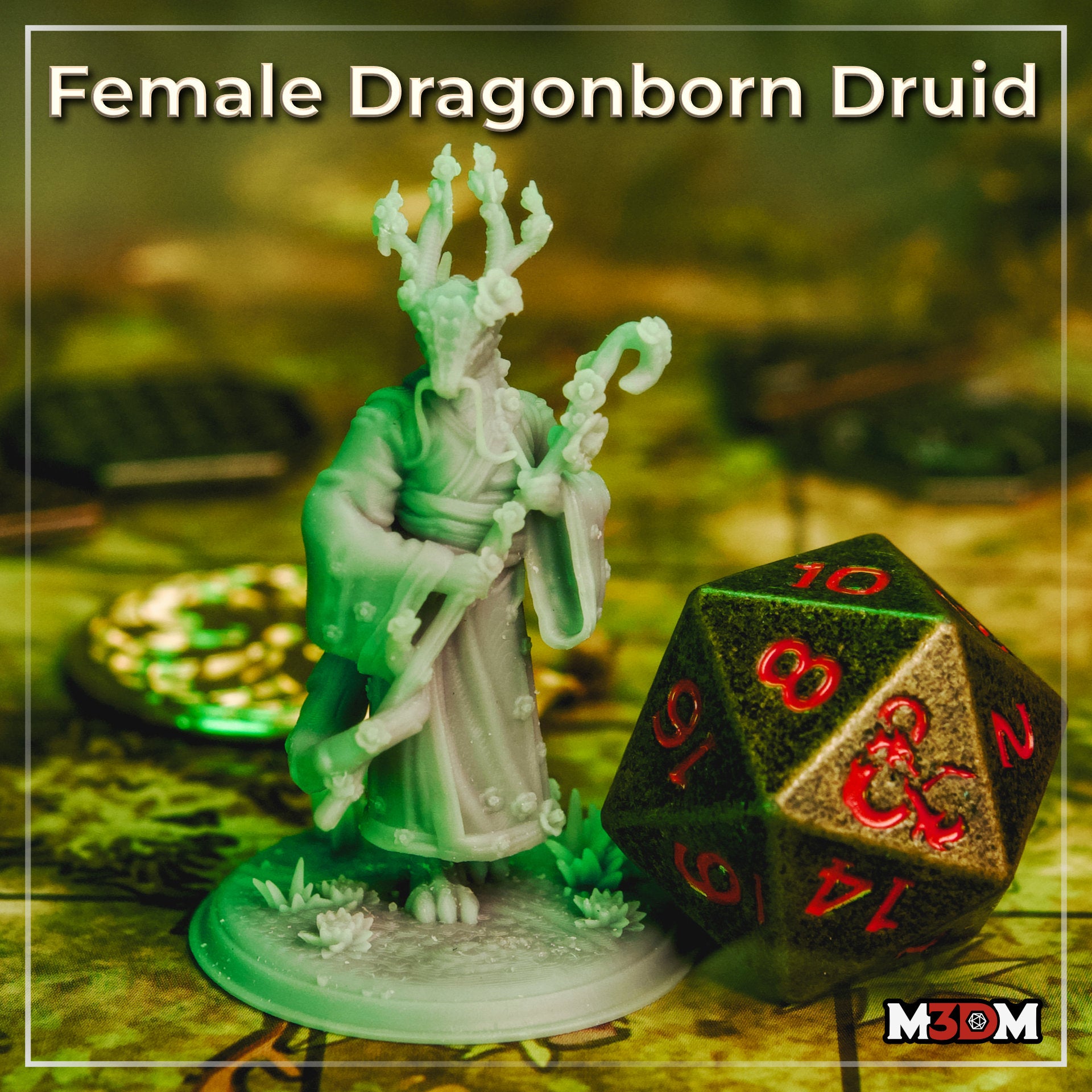 Photograph of a printed and uncured Female Dragonborn Druid miniature in translucent green resin, shown on a tabletop map alongside a large stone D20 die. The sculpt shows clear detail on the antlered crown, blossom-covered staff, and textured robe folds.