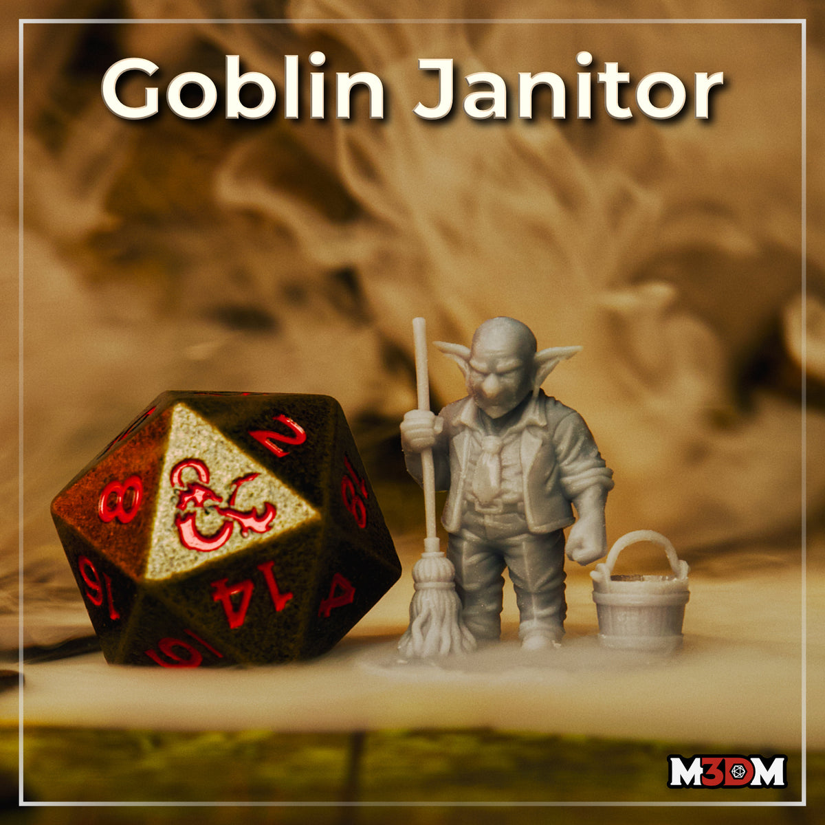 Photograph of a printed and unpainted grey resin goblin janitor miniature at 32mm scale, posed beside a D20 dice for scale reference — goblin holds a mop and stands next to a wooden bucket, expression stern and grumpy