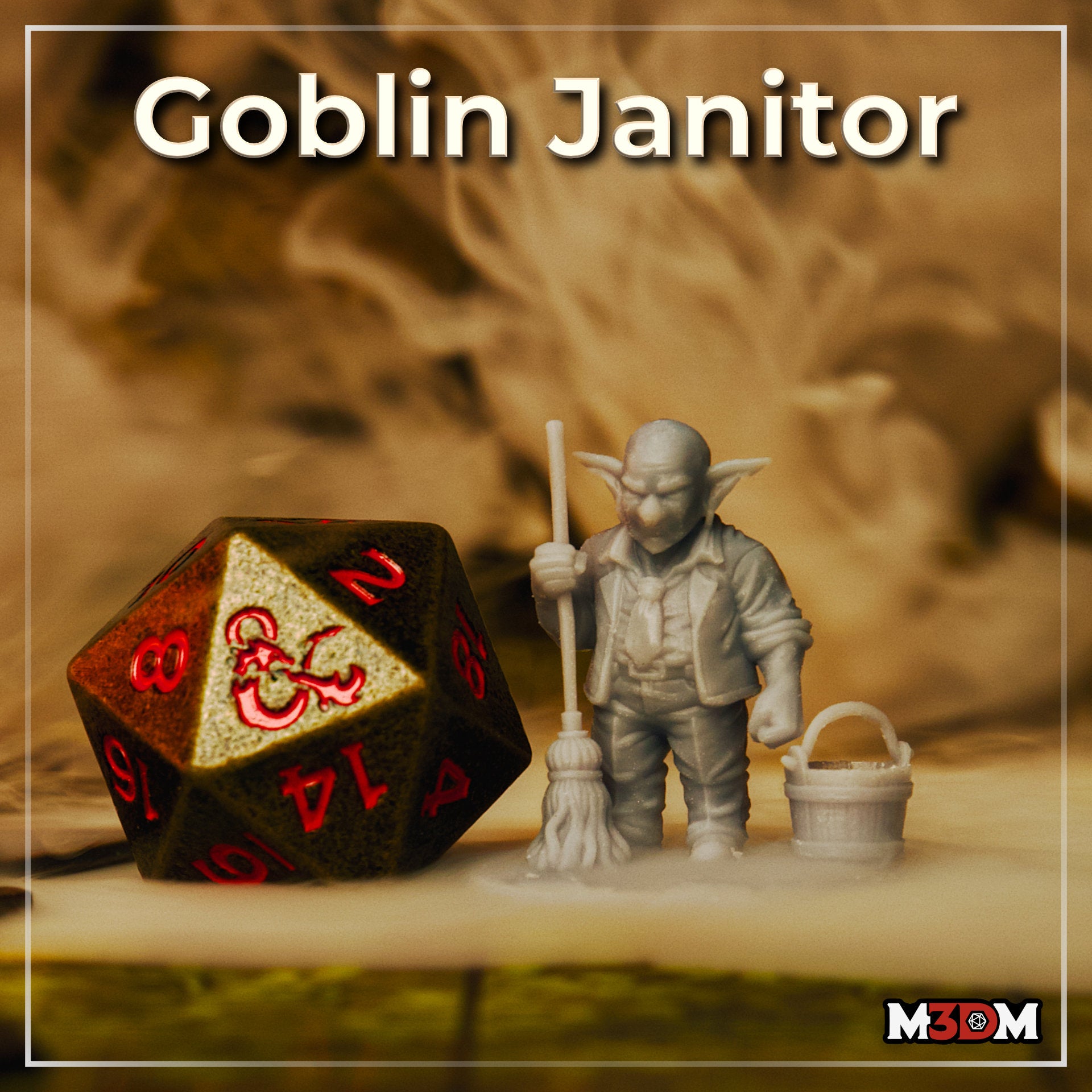 Photograph of a printed and unpainted grey resin goblin janitor miniature at 32mm scale, posed beside a D20 dice for scale reference — goblin holds a mop and stands next to a wooden bucket, expression stern and grumpy
