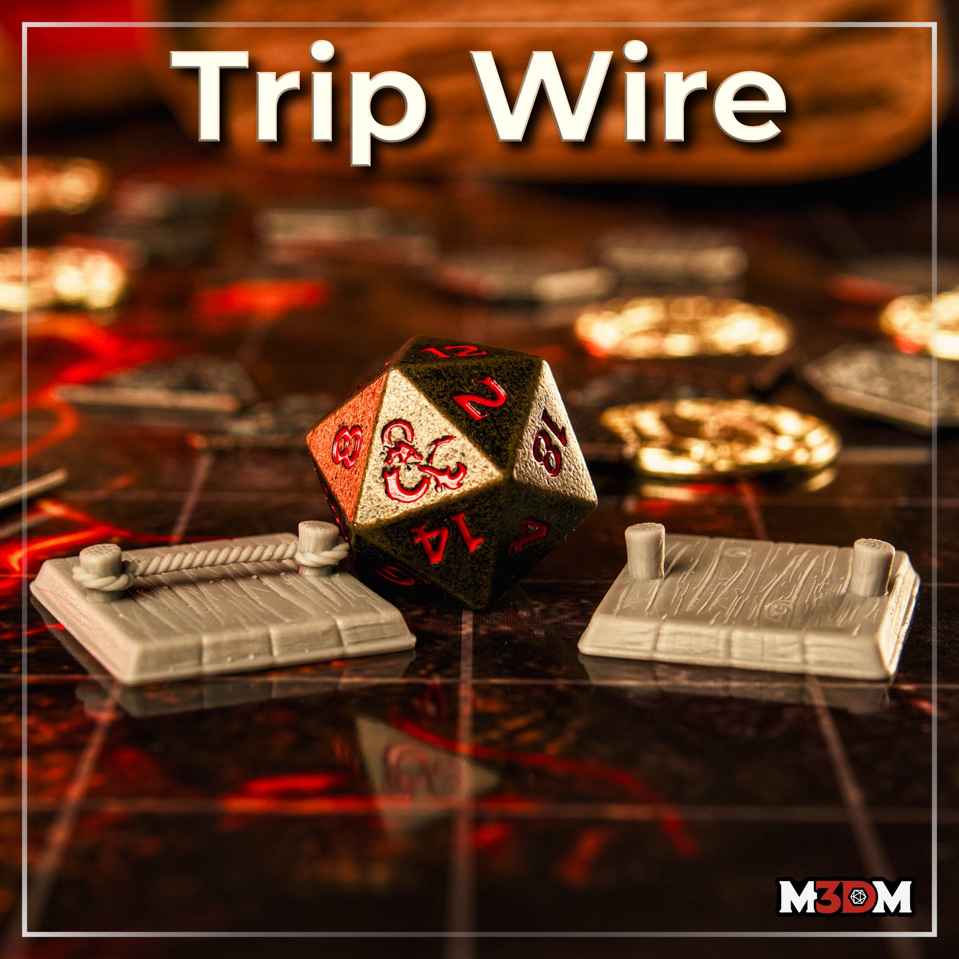 Two painted grey resin trip wire trap terrain pieces on a battle map grid — one with a rope between posts, one with bare posts — photographed either side of a D&D d20 die