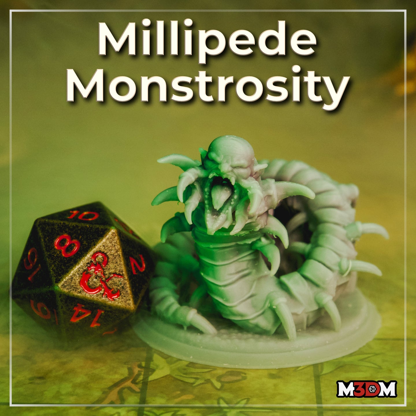 Photograph of the printed Millipede Monstrosity miniature painted in pale green and white tones, displayed beside a large black and red D20 dice for scale, showing the segmented body, multiple curved claws, and snarling humanoid upper form in detail