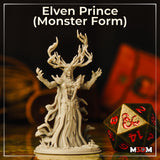 Unpainted grey resin miniature of the Elven Prince Monster Form on a tabletop next to a D20 die, showing the full frontal sculpt with branching antler crown, outstretched grasping hands, and layered bark robes merging into a mushroom-scattered base, sculpted by Mia Kay M3DM