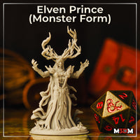 Unpainted grey resin miniature of the Elven Prince Monster Form on a tabletop next to a D20 die, showing the full frontal sculpt with branching antler crown, outstretched grasping hands, and layered bark robes merging into a mushroom-scattered base, sculpted by Mia Kay M3DM