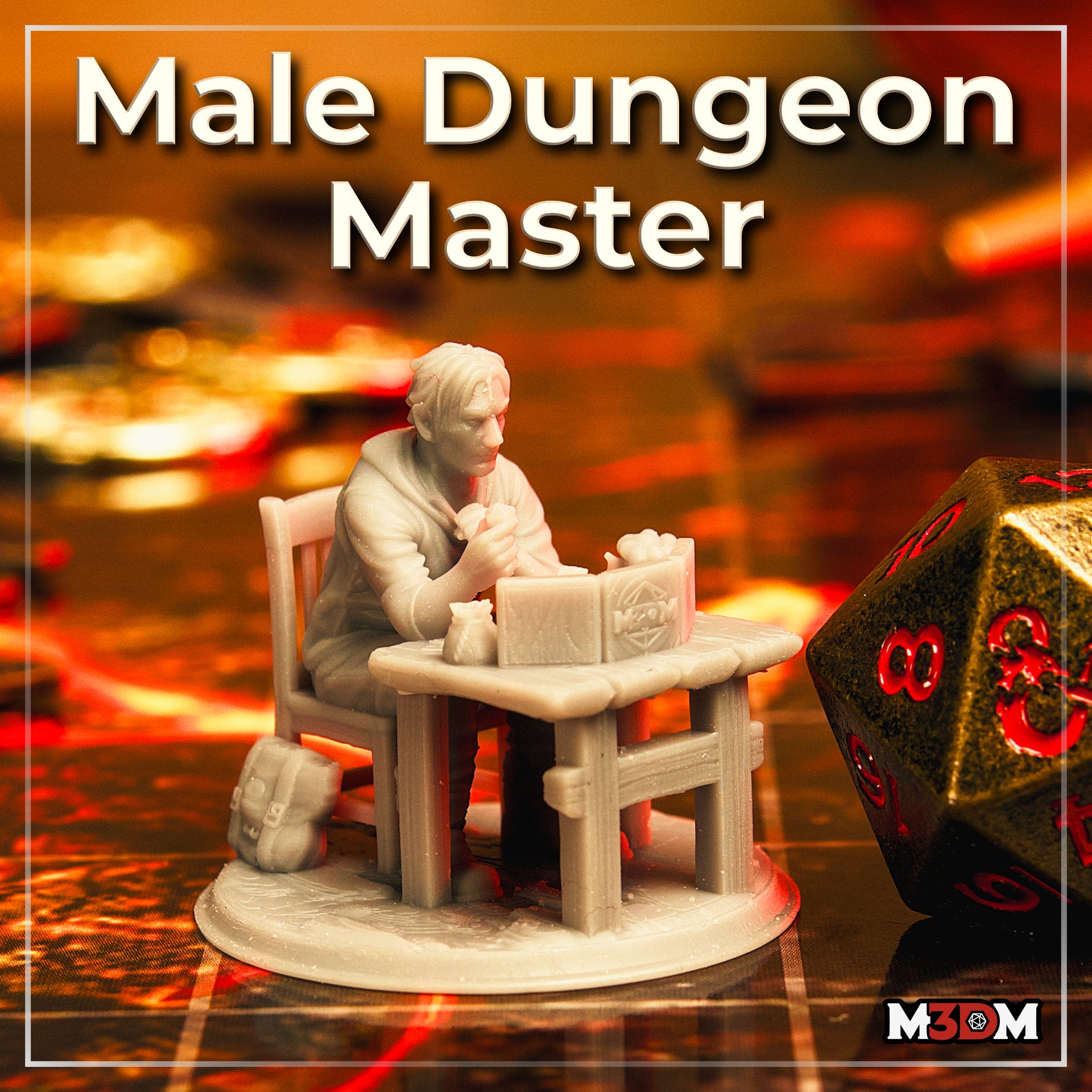 Photograph of the printed Male Dungeon Master miniature at 32mm scale — unpainted grey resin, seated at a detailed wooden table with an open book and tankard, surrounded by dice and a battle map