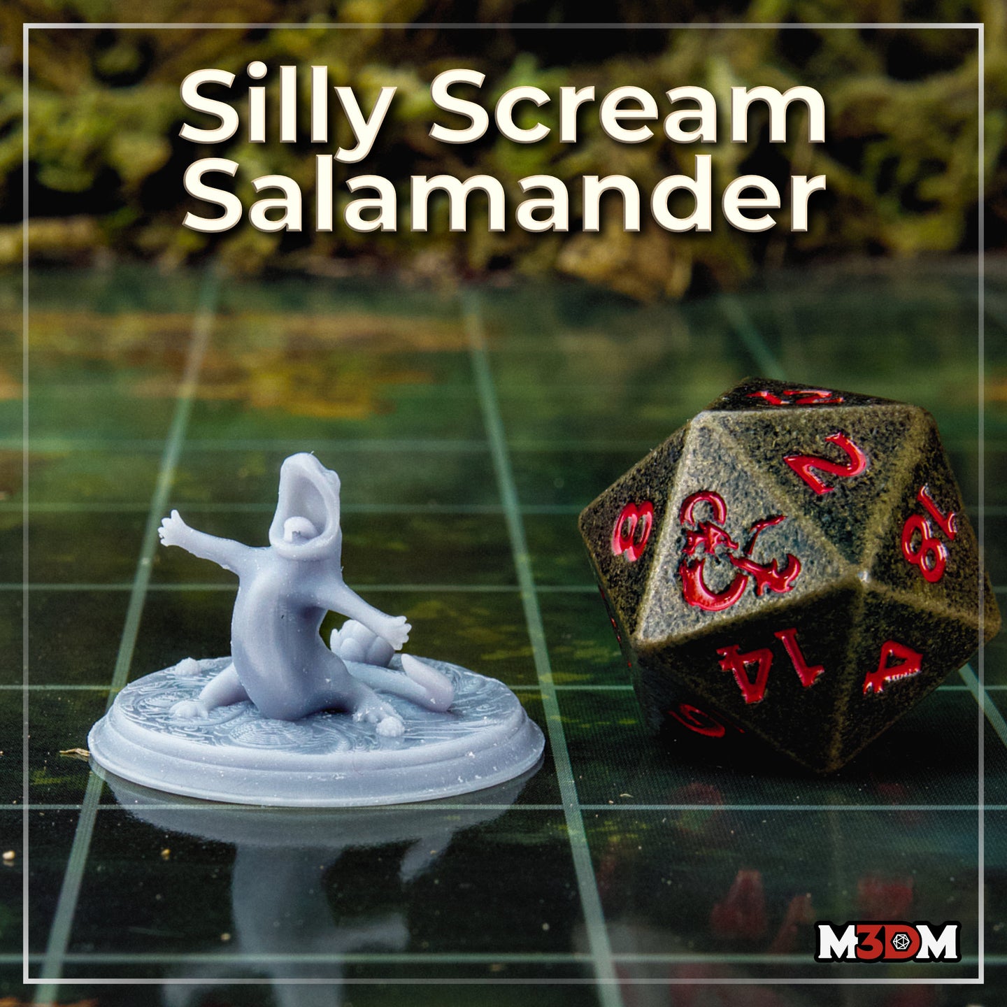 Unpainted grey resin Silly Scream Salamander miniature photographed on a gaming mat next to a large D20 dice for scale — the salamander is seated on a lily pad base, mouth open wide in a dramatic scream, arms outstretched