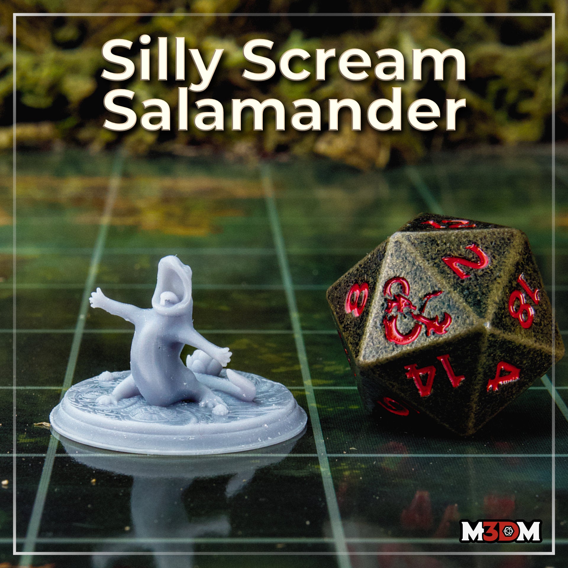 Unpainted grey resin Silly Scream Salamander miniature photographed on a gaming mat next to a large D20 dice for scale — the salamander is seated on a lily pad base, mouth open wide in a dramatic scream, arms outstretched