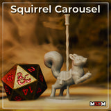 Photograph of a printed unpainted grey resin carousel squirrel miniature by Mia Kay M3DM, rearing pose, mounted on a twisted fairground pole with acorn-scattered base, shown beside a large D20 die for scale