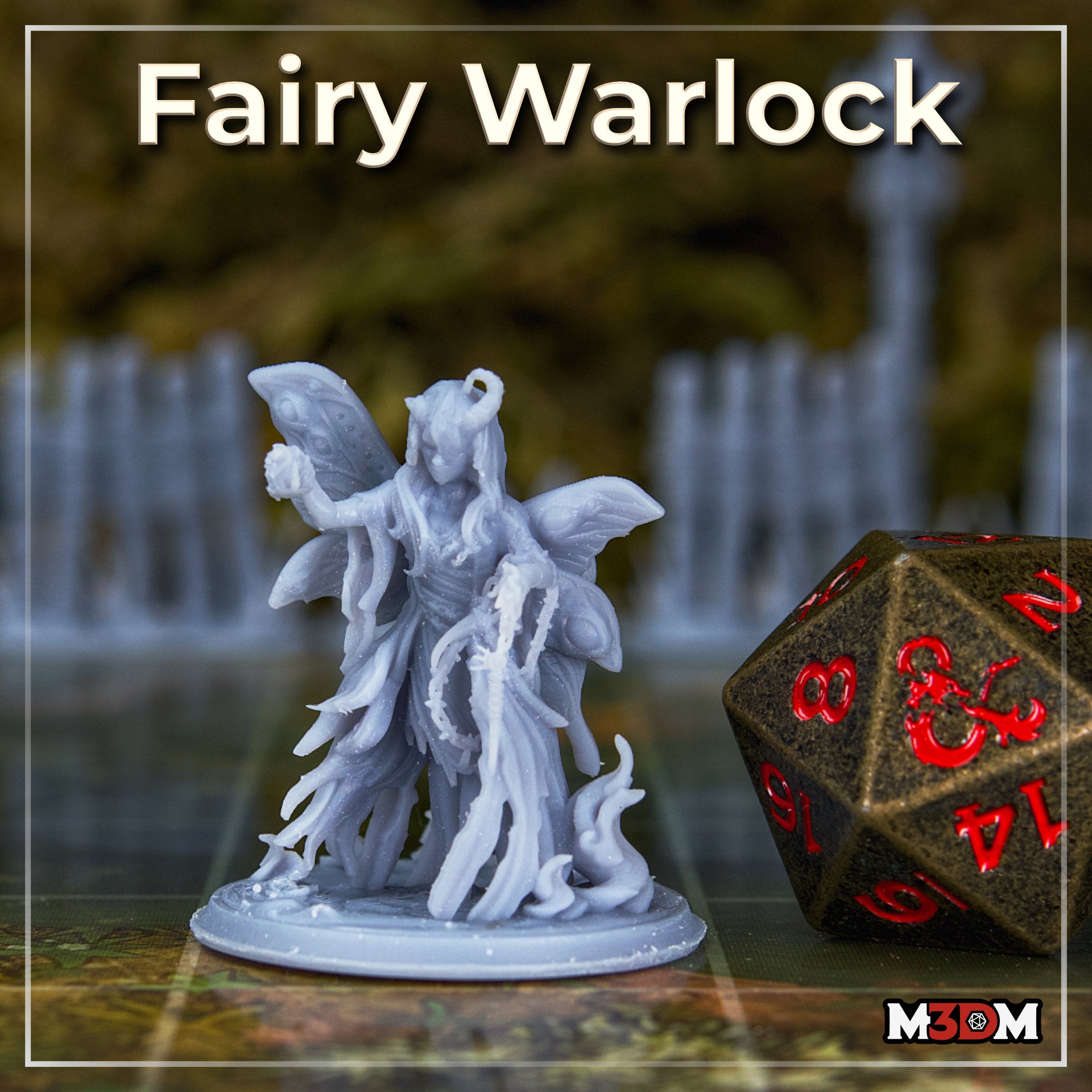 Printed and unpainted grey resin Fairy Warlock miniature by Mia Kay M3DM photographed on a gaming mat beside a large bronze D20 die, showing the full sculpt with moth wings, horns, lantern, chain, and scenic base at 32mm scale