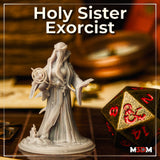 Photograph of a printed unpainted Holy Sister Exorcist miniature on a tabletop gaming table beside a D&D d20 dice — showing the full robed figure with thorn crown, ritual wheel, and candle-scattered base at 32mm scale