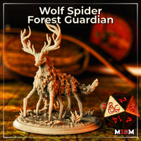 Photograph of an unpainted Wolf-Spider Forest Guardian resin miniature shown from a three-quarter rear angle on a tabletop map, with a D&D branded d20 die visible for scale reference; the mini displays the creature's antlers, bark-textured body, and spider legs in raw grey and light brown resin tones