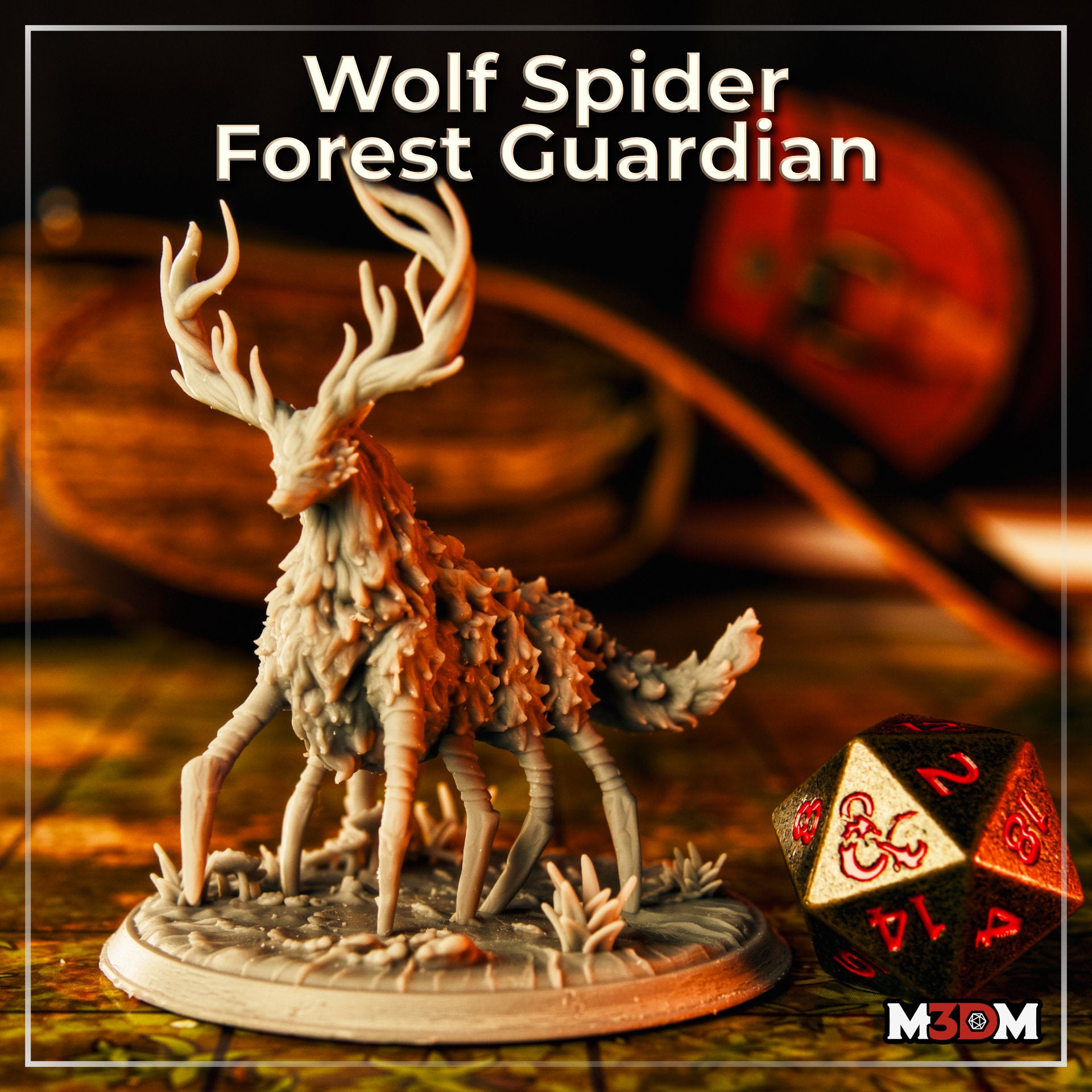 Photograph of an unpainted Wolf-Spider Forest Guardian resin miniature shown from a three-quarter rear angle on a tabletop map, with a D&D branded d20 die visible for scale reference; the mini displays the creature's antlers, bark-textured body, and spider legs in raw grey and light brown resin tones