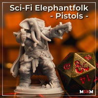 Unpainted grey resin print of the sci-fi elephantfolk with pistols miniature, shown from the front at 32mm scale alongside a D&D d20 dice for size reference. The loxodon gunslinger is mid-action with both arms raised, wearing a long coat and heavy tactical gear, on a detailed scenic base.