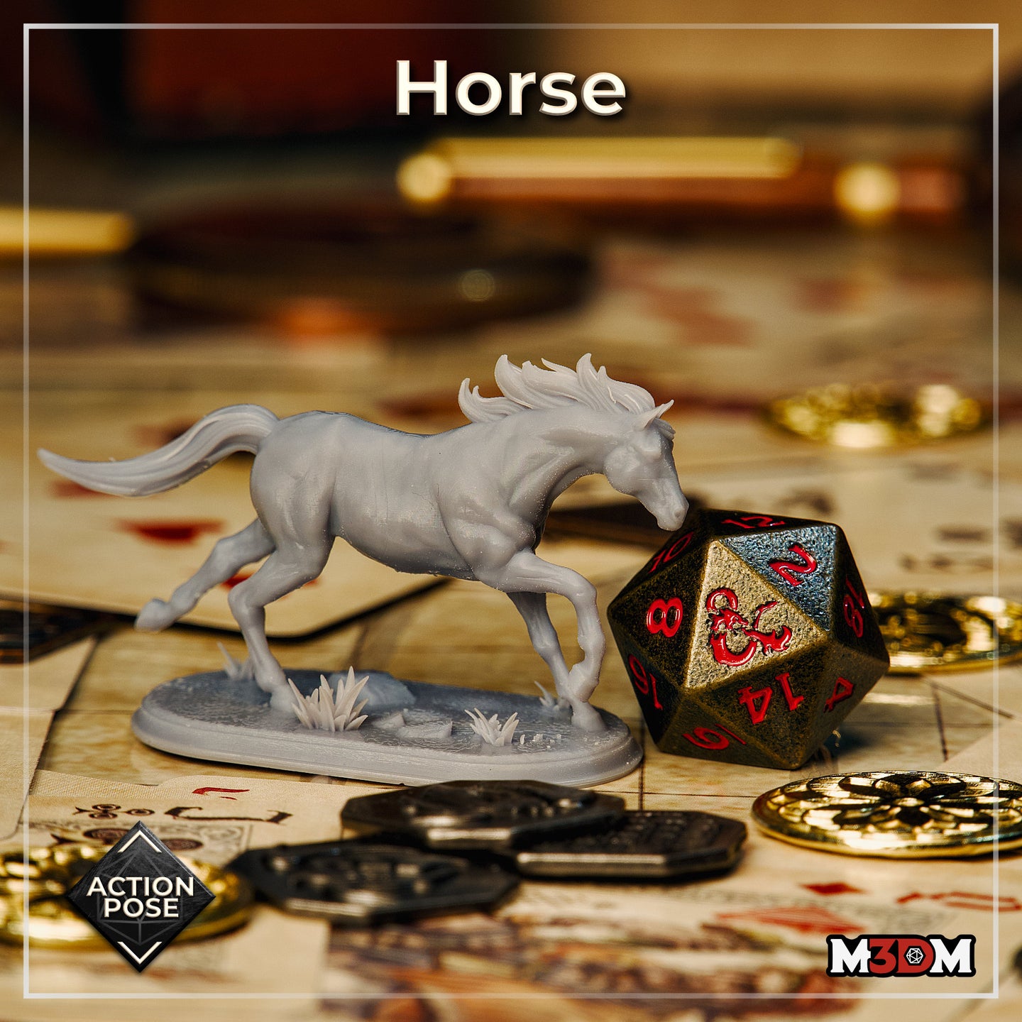 Unpainted grey resin horse miniature by Mia Kay M3DM in a galloping action pose, photographed on a tabletop gaming surface alongside a large D20 die and gold coins, showing the 32mm scale scenic oval base with grass tufts