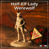 Photograph of a printed unpainted half-elf lady werewolf miniature in grey resin, posed on a textured scenic base with small plants. A large black and gold D20 dice with red Dungeons and Dragons logo is visible beside it for scale reference.