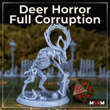 Single unpainted grey resin Deer Horror Full Corruption miniature on a gaming mat beside a large bronze d20 for scale — skeletal deer beast rearing on two legs, twisted branch-like antlers forming a halo above the skull, ribcage and spine fully exposed, clawed forelimb gripping a broken grave marker, loose bones scattered at the base