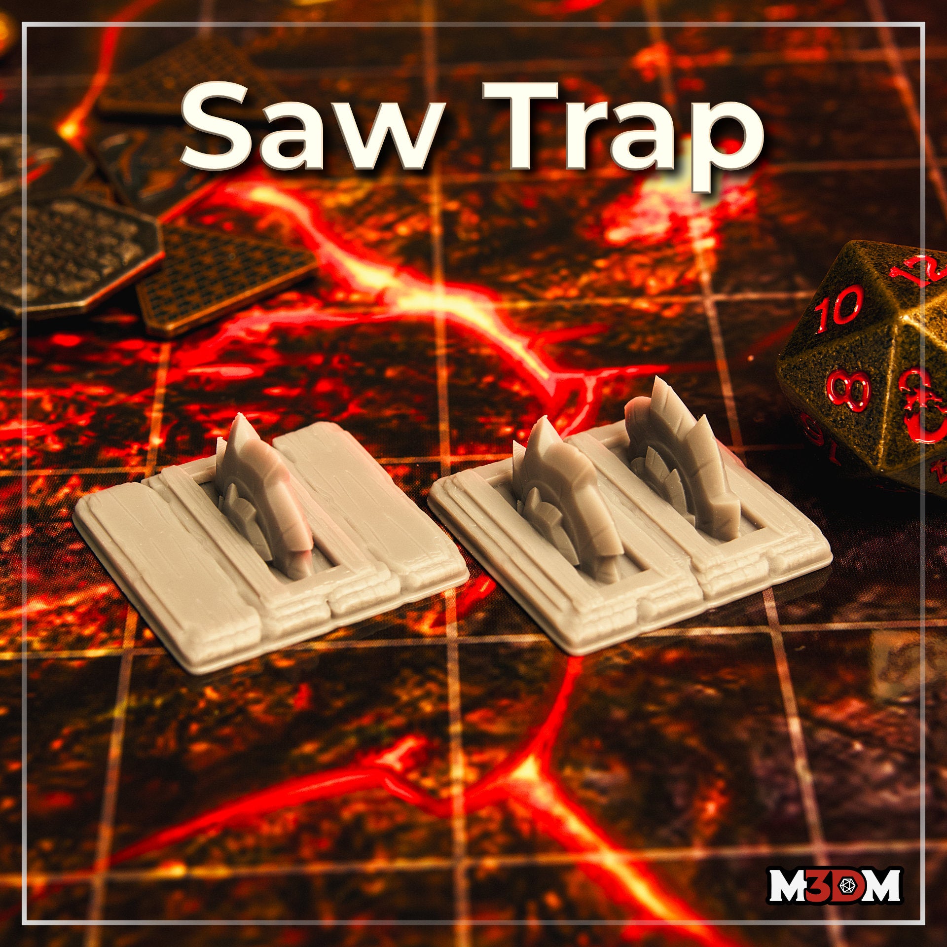 Two unpainted 3D printed saw trap terrain markers on a lava-grid battle map — each showing jagged spinning blade sculpts rising from wooden plank bases, with a d20 die visible for scale reference