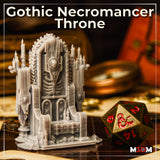 Photograph of the Gothic Necromancer Throne printed in unpainted grey resin, shown on a tabletop alongside a standard D20 die for scale — detail visible includes candles, bone arch, skull motifs, and knotwork panels